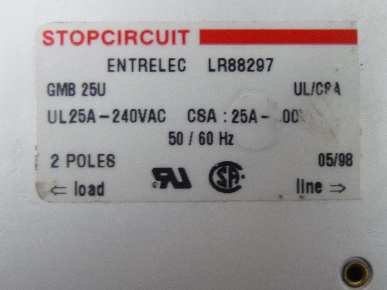 Entrelec LR88297 GMB-25U Stop-Circuit Breaker 25A 2P 50/60Hz USED