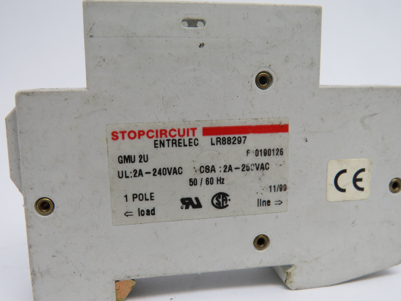 Entrelec GMU2U Circuit Breaker 2Amp 250VAC 1Pole  USED