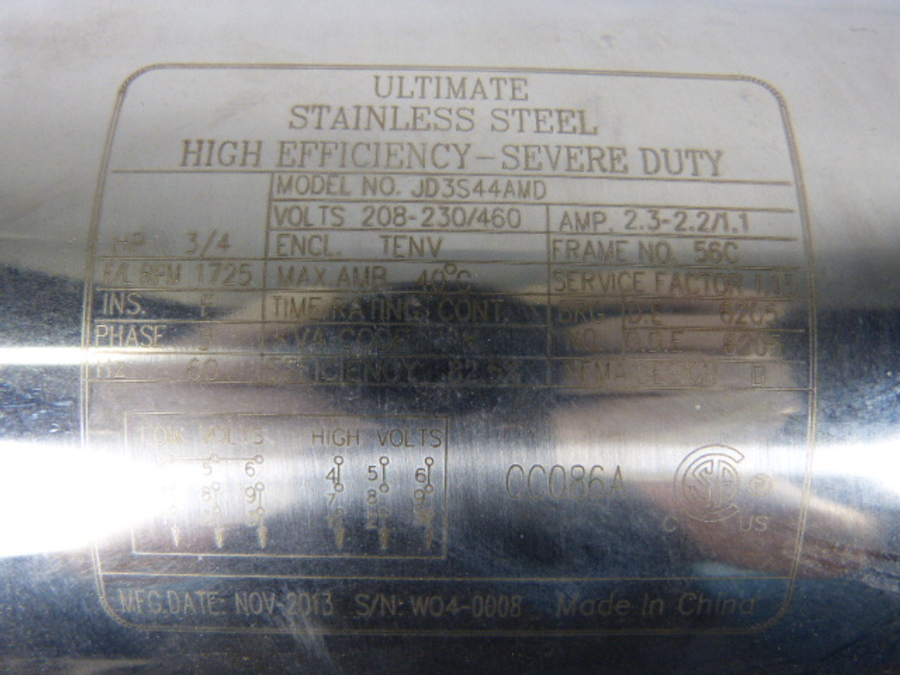 Ultimate 3/4HP 1725RPM 208-230/460V 56C TENV 3Ph 2.3-2.2/1.1A 60Hz ! NOP !