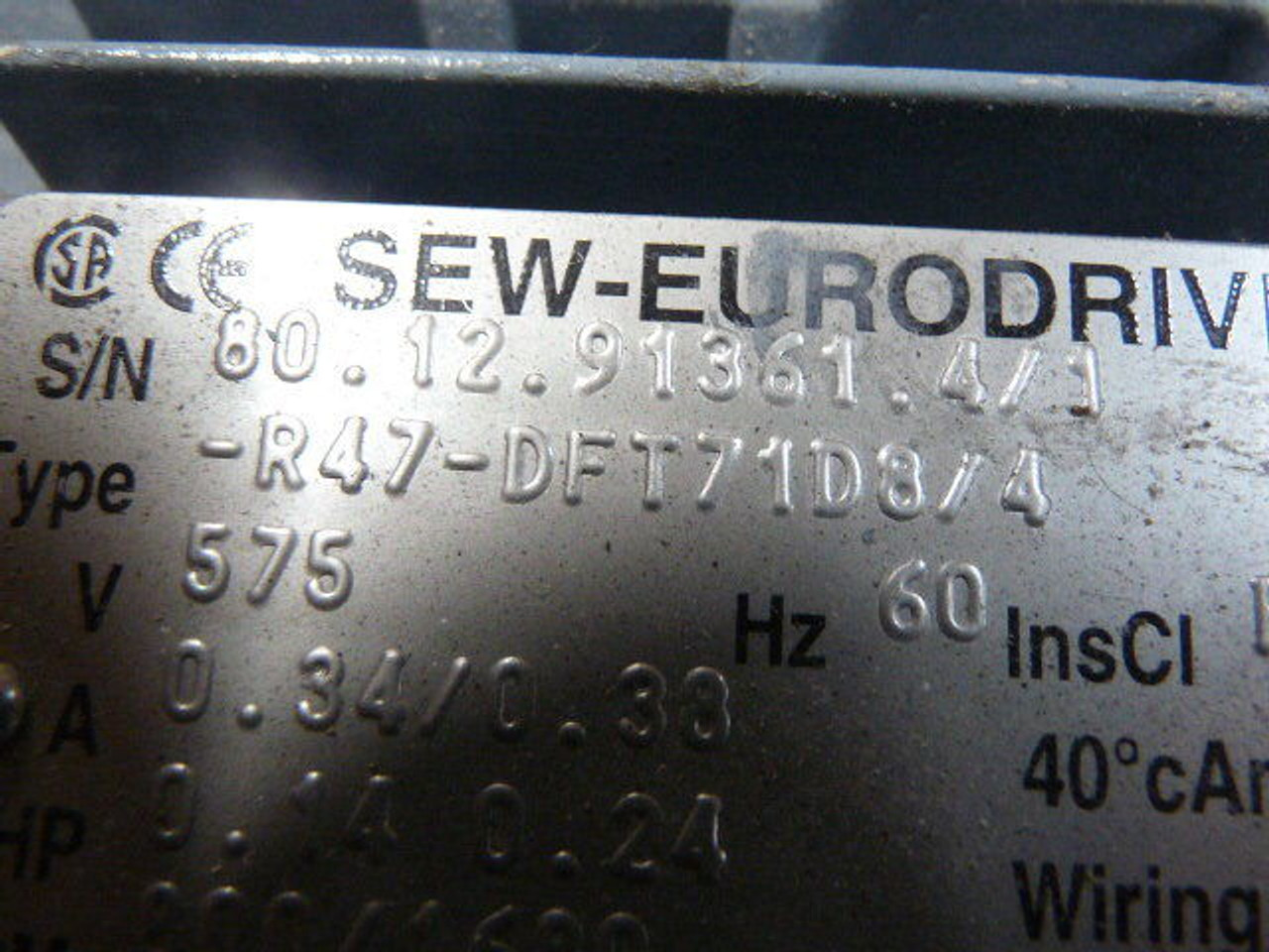 Sew-Eurodrive 0.14/0.24HP 800/1680RPM 575V TEFC 3Ph 0.34/0.38A 60Hz USED