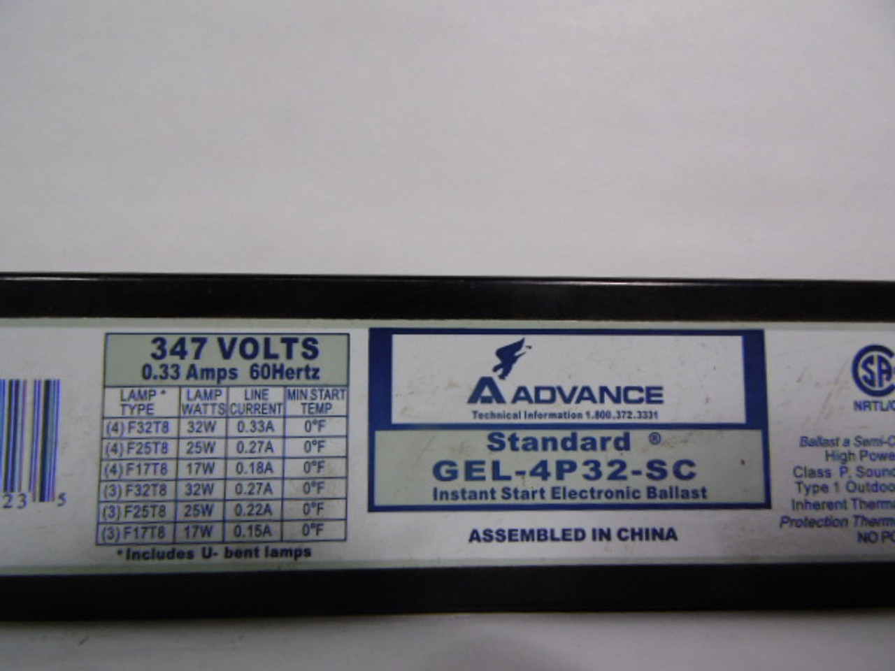 Advance GEL-4P32-SC Instant Start Electronic Ballast 120-277 V 1.17-0.5 A 50/670 Hz USED