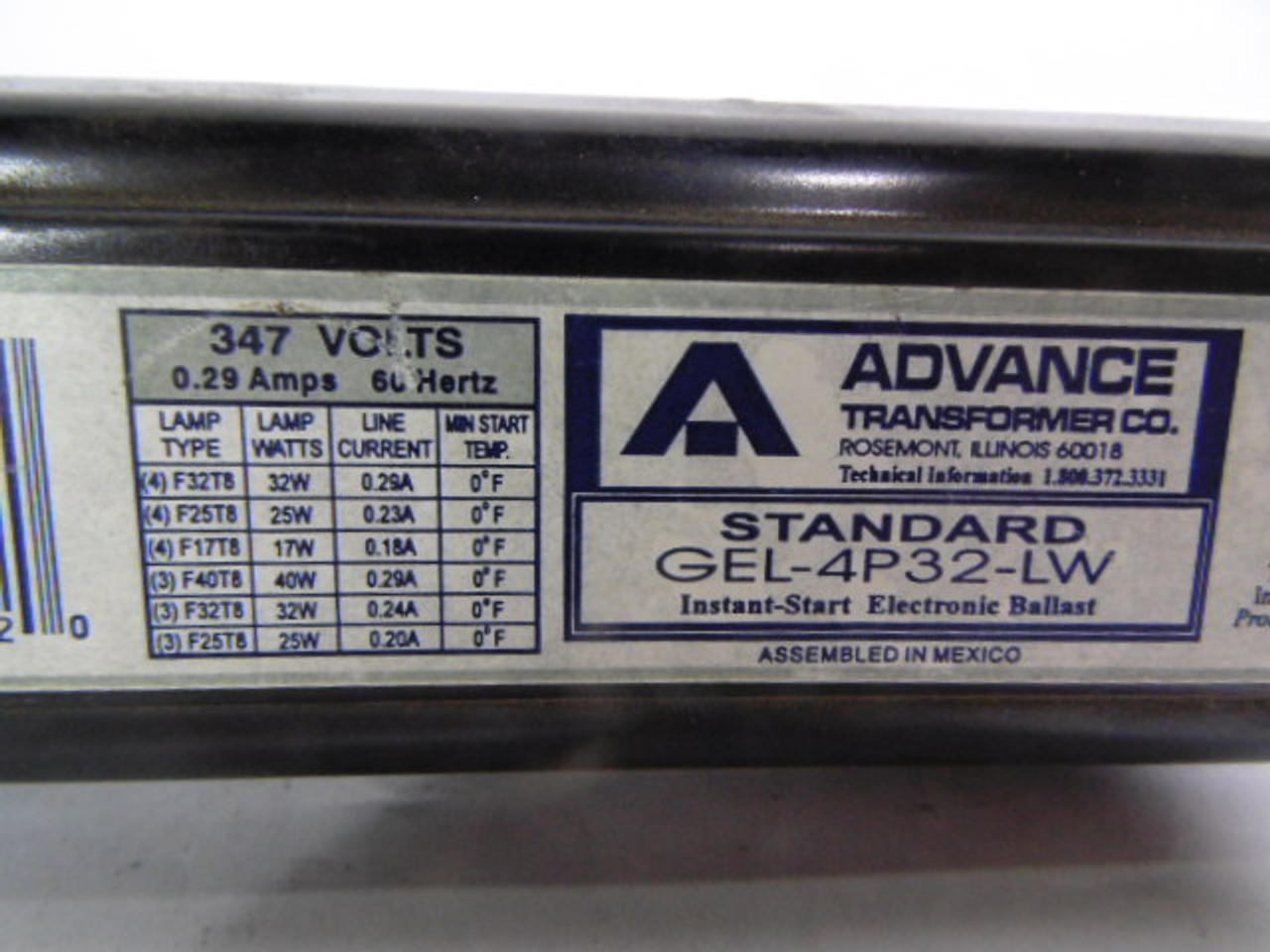 Advance GEL-4P32-LW Instance Start Electronic Ballast 347V 0.29A 60 Hz USED