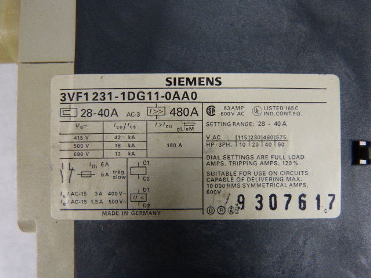 Siemens 3VF1231-1DG11-0AA0 Circuit Breaker 28-40Amp 3Pole 600 VAC USED