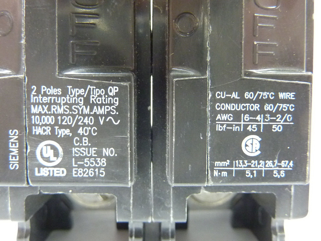 Siemens Q270 Circuit Breaker 70A 120/240VAC 2P Type QP USED