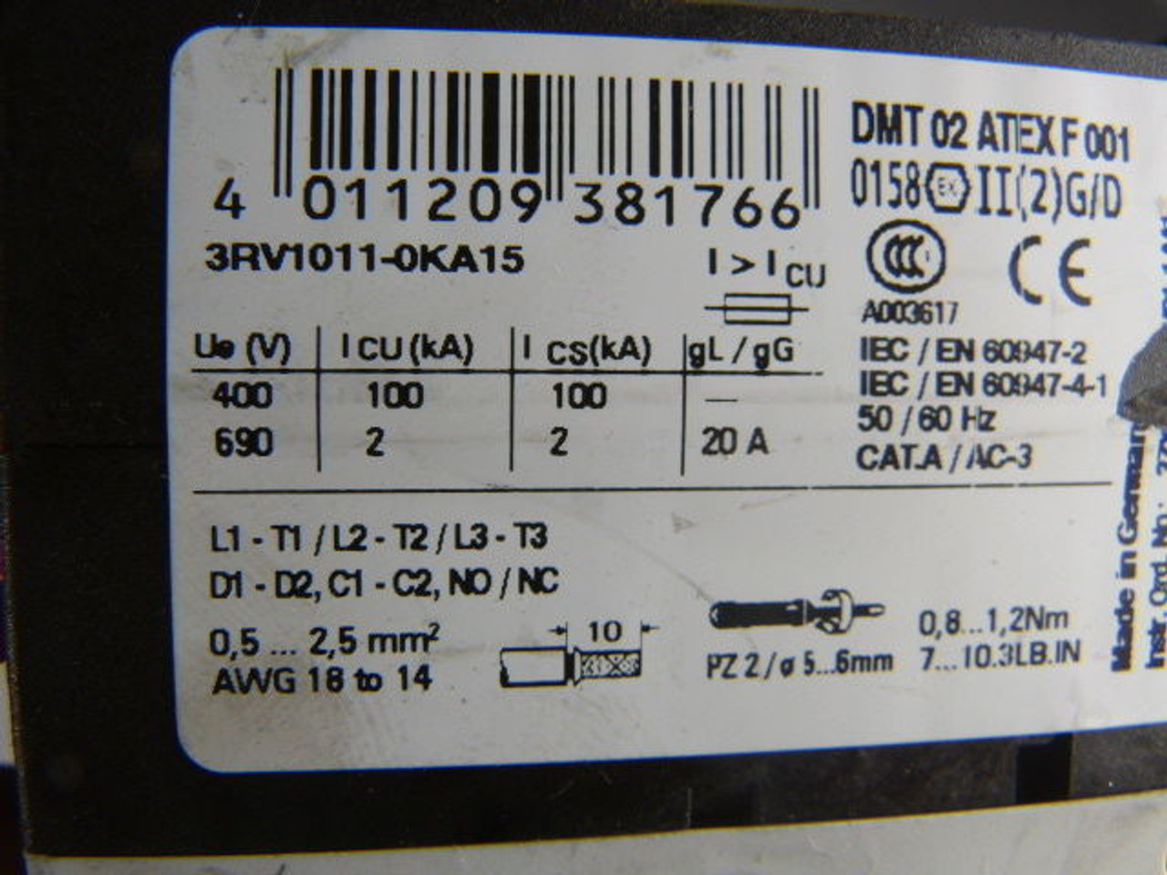 Siemens 3RV1-011-0KA15 Starter Motor Protector .09-1.25A 1NO/NC USED