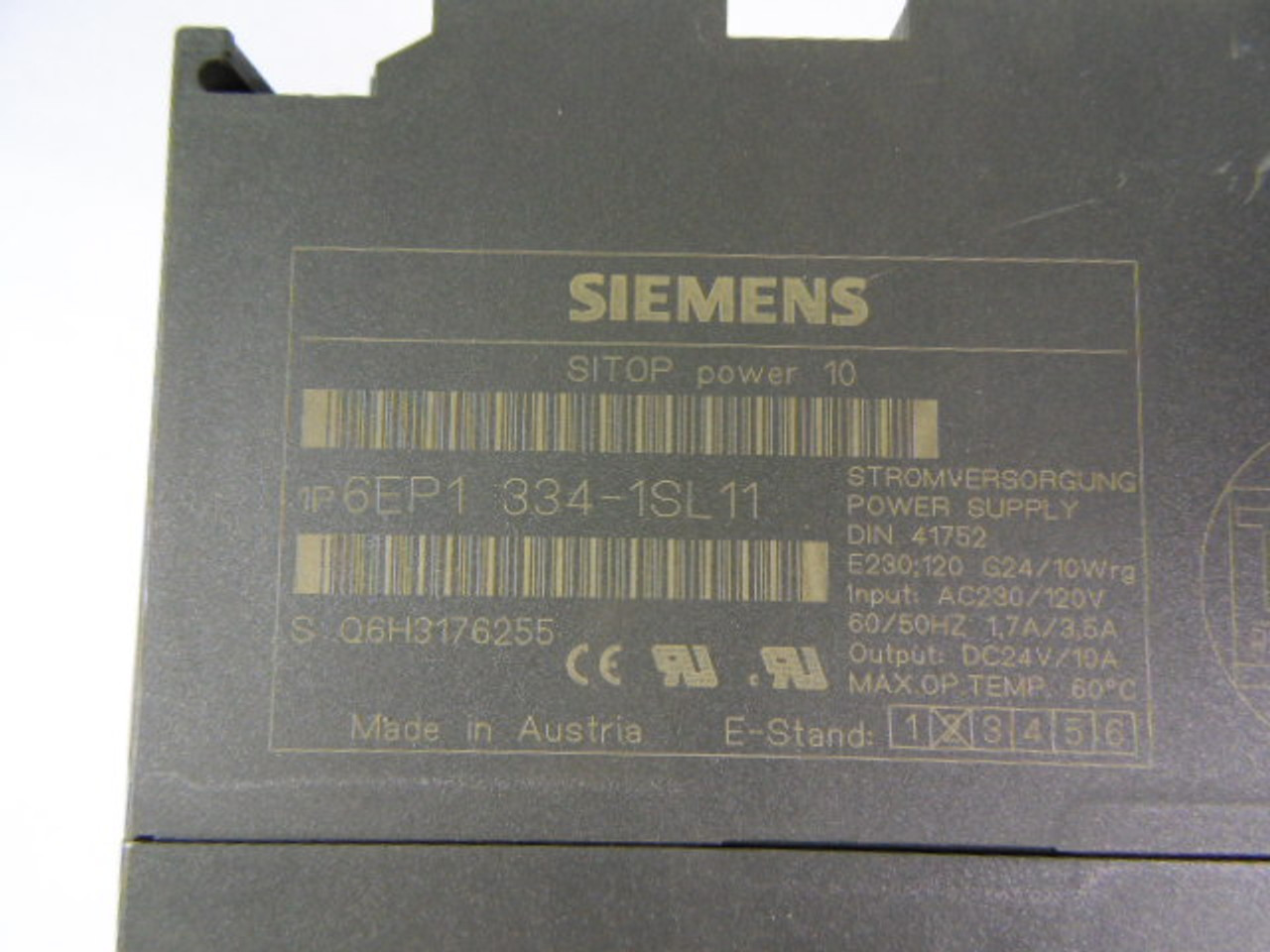 Siemens 6EP1-334-1SL11 Power Supply 10 Amp 120 Vac input 24 VDC Output USED