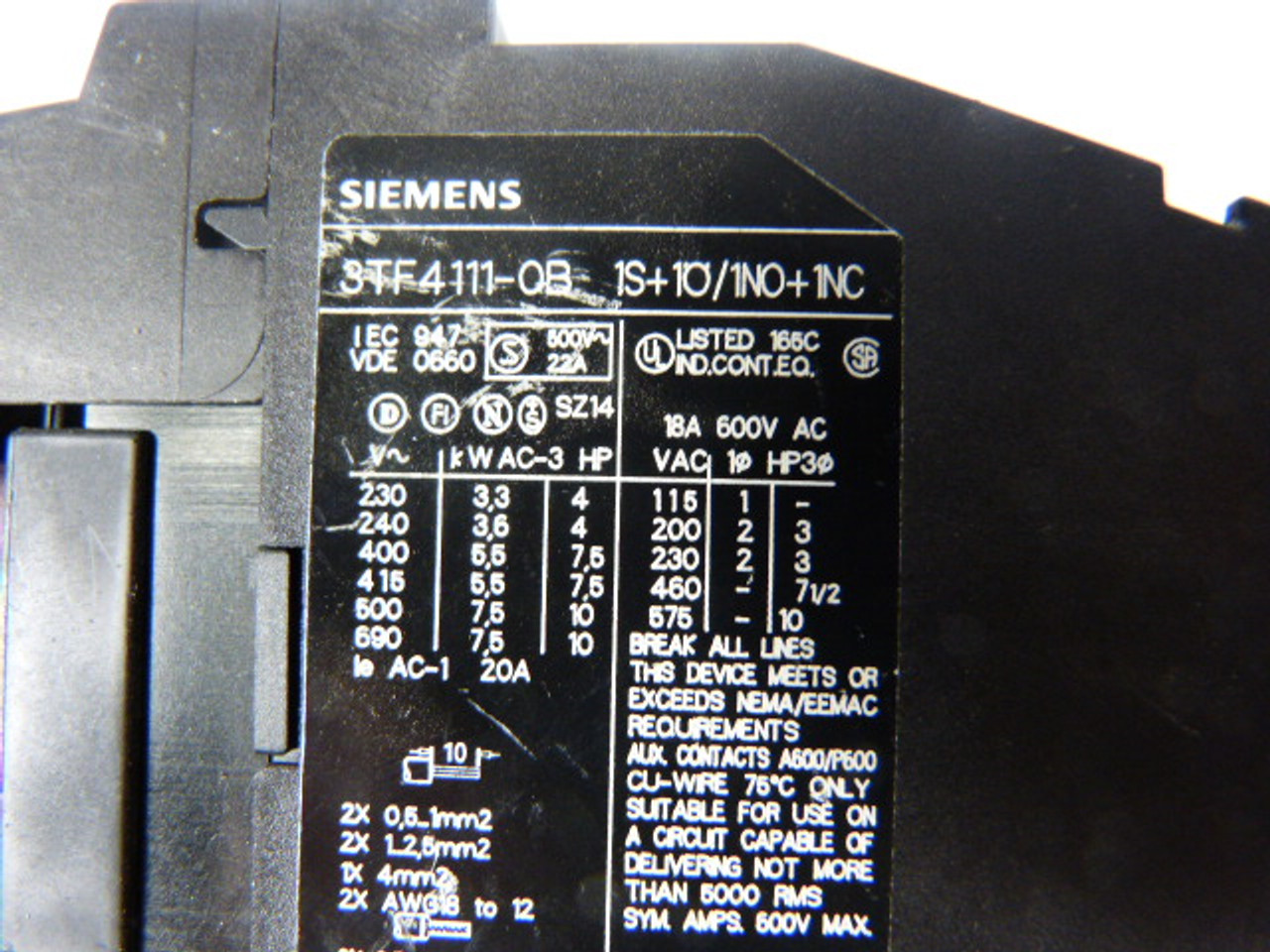 Siemens 3TF4111-OBB4 Contactor 24V Coil 3P USED