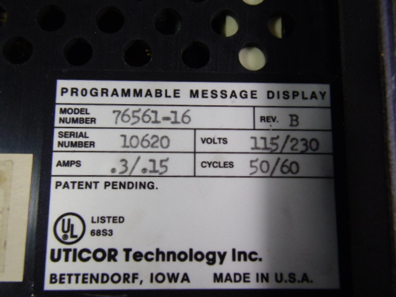 Uticor 76561-16 Programmable Message Display 115/230V .3/.15A USED