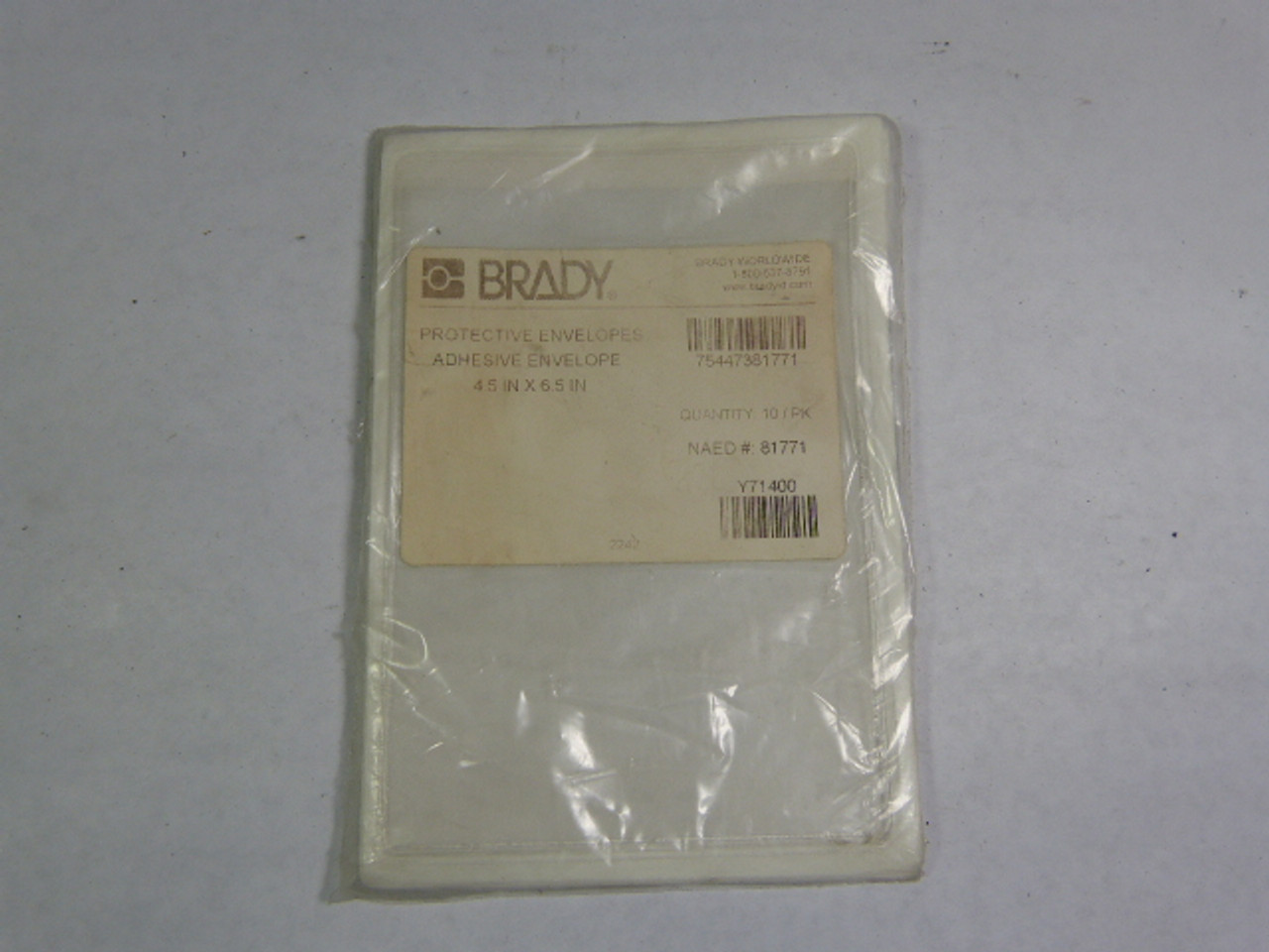 Brady 81771 Protective Adhesive Envelopes 4.5"x6.5" Pack of 10 *DAMAGED BAG* NWB