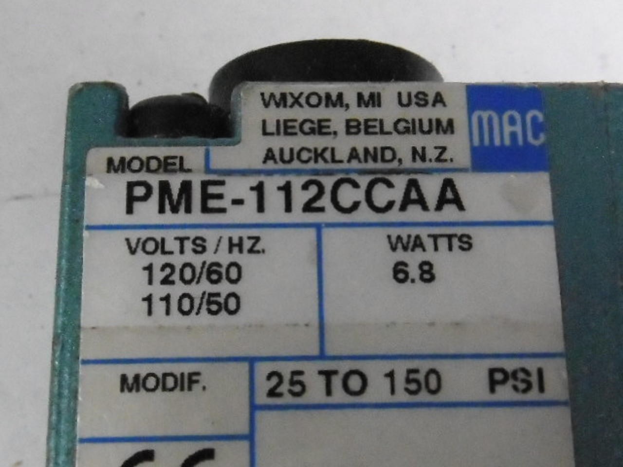 MAC PME-112CCAA Pneumatic Valve 110/120B 50/60Hz 6.8W 25/150 PSI USED