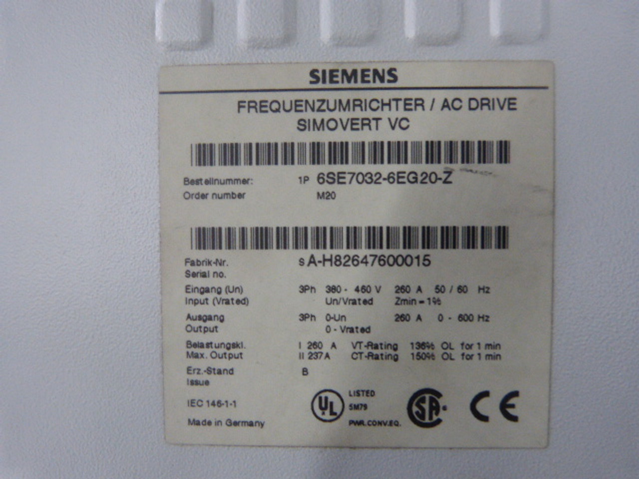 Siemens 6SE7032-6EG20-Z AC Drive 150 H 460 V USED
