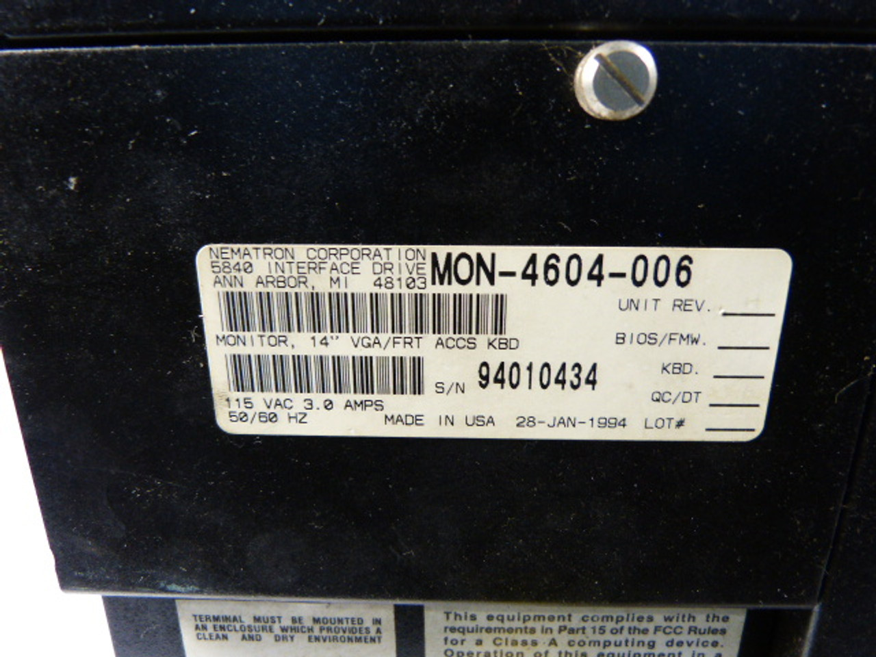 Nematron MON-4604-006 Operator Interface 14" Screen 115/230 V 1.5 Amp USED