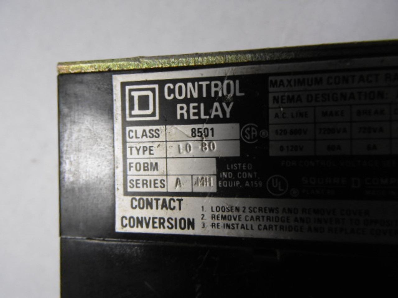 Square D 8501-L080-V02 Relay 8NO 50/60Hz 110/120V Coil USED