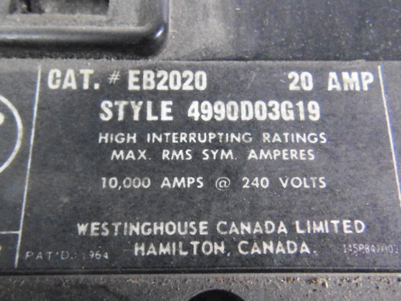 Westinghouse EB2020 Circuit Breaker 2-Pole 20A 125/250V DC 240V AC USED