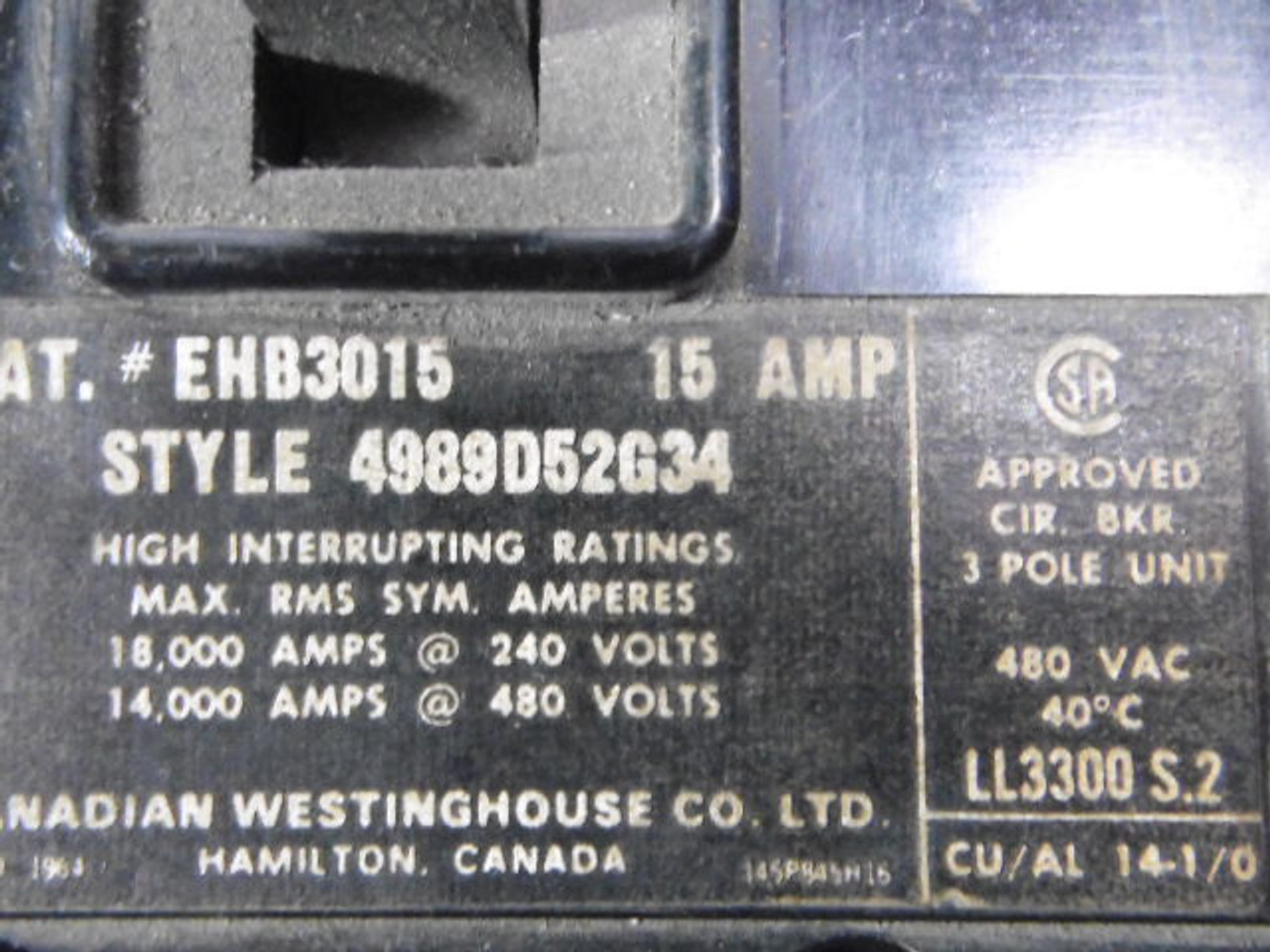 Westinghouse EHB3015 Circuit Breaker 3-Pole 15A 480V AC USED