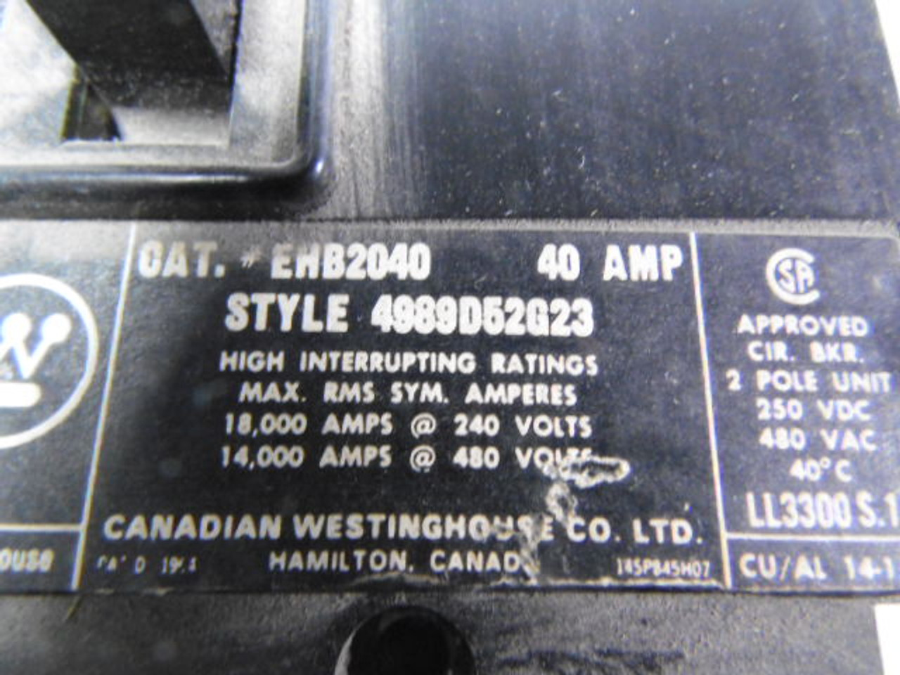 Westinghouse EHB2040 Circuit Breaker 2-Pole 40A 250V DC 480V AC USED
