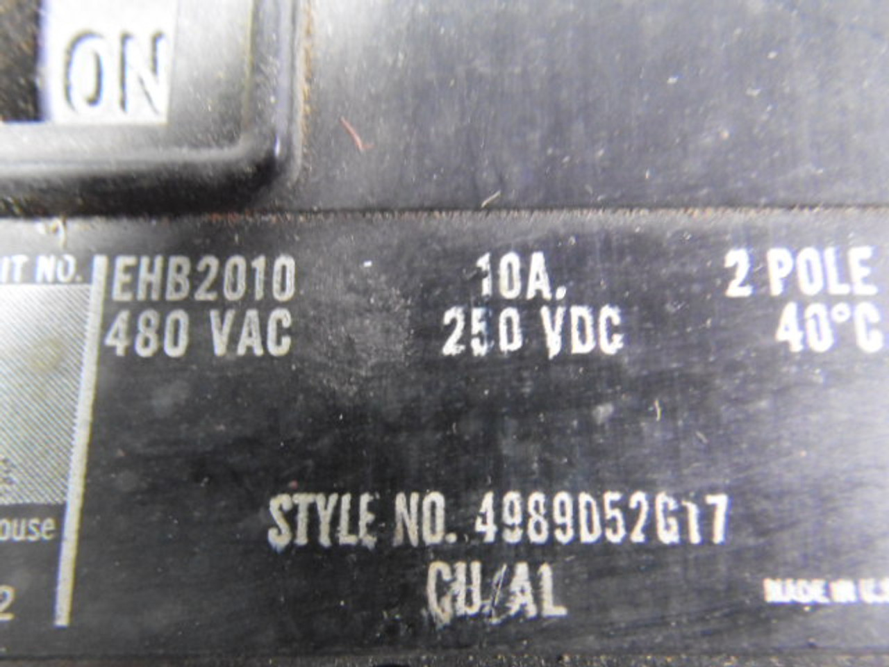 Westinghouse EHB2010 Circuit Breaker 2-Pole 10A 250V DC 480V AC USED