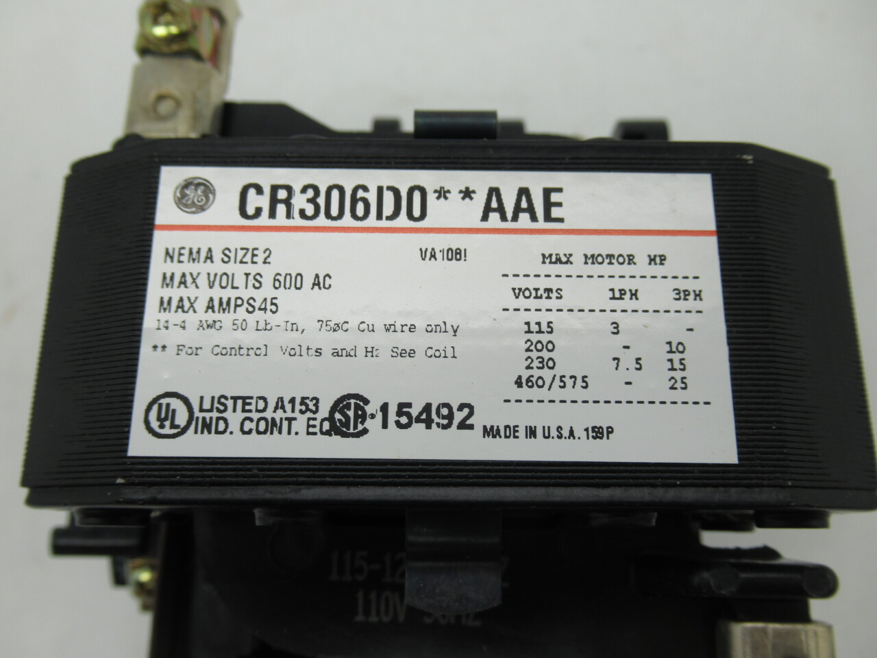 General Electric CR306D002AAE Magnetic Starter 3-Pole 115/120V 60Hz NOP