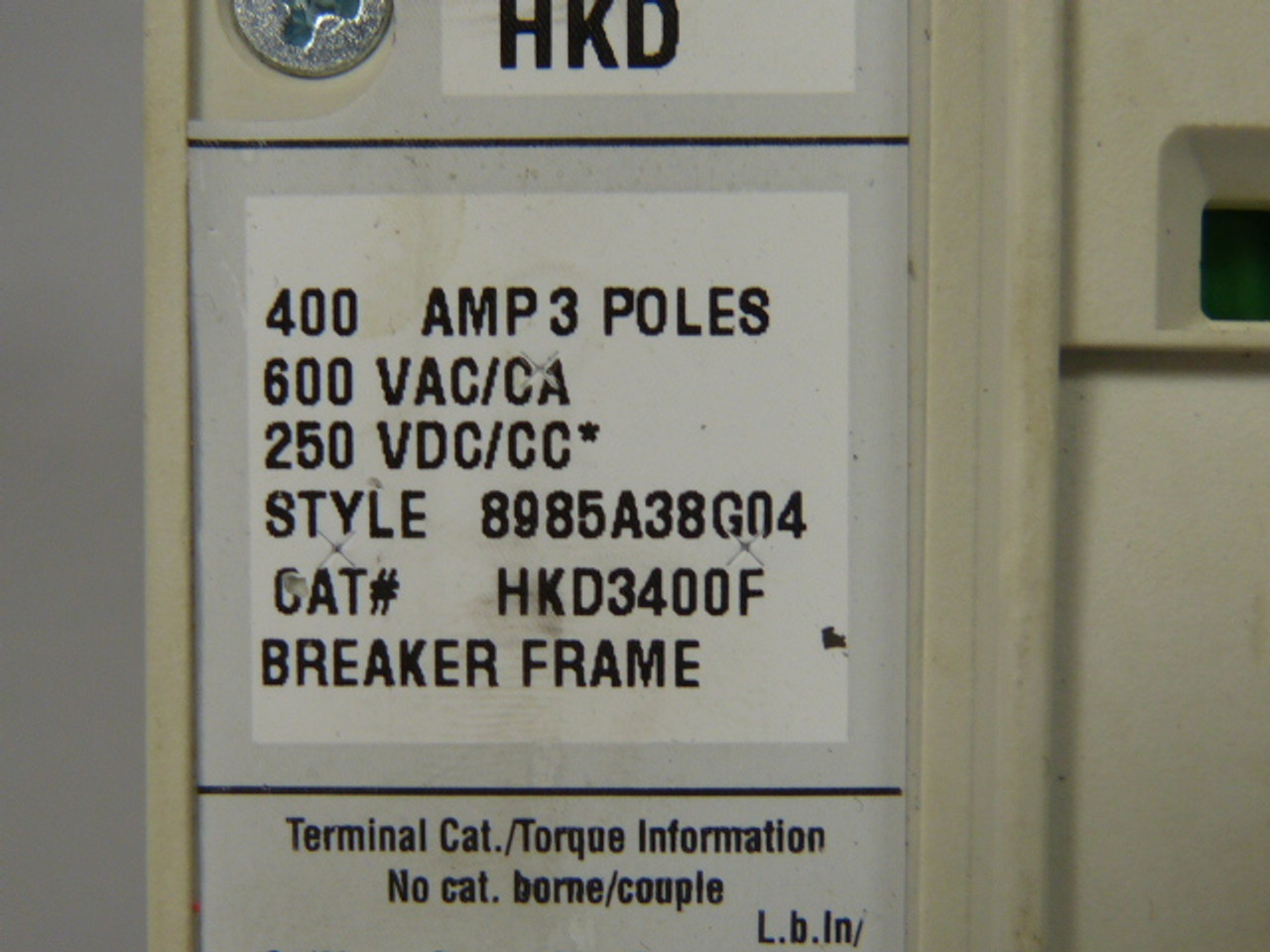 Cutler Hammer HKD3400 HKD Circuit Breaker 400A 3Pole 600V 65KA@480V USED