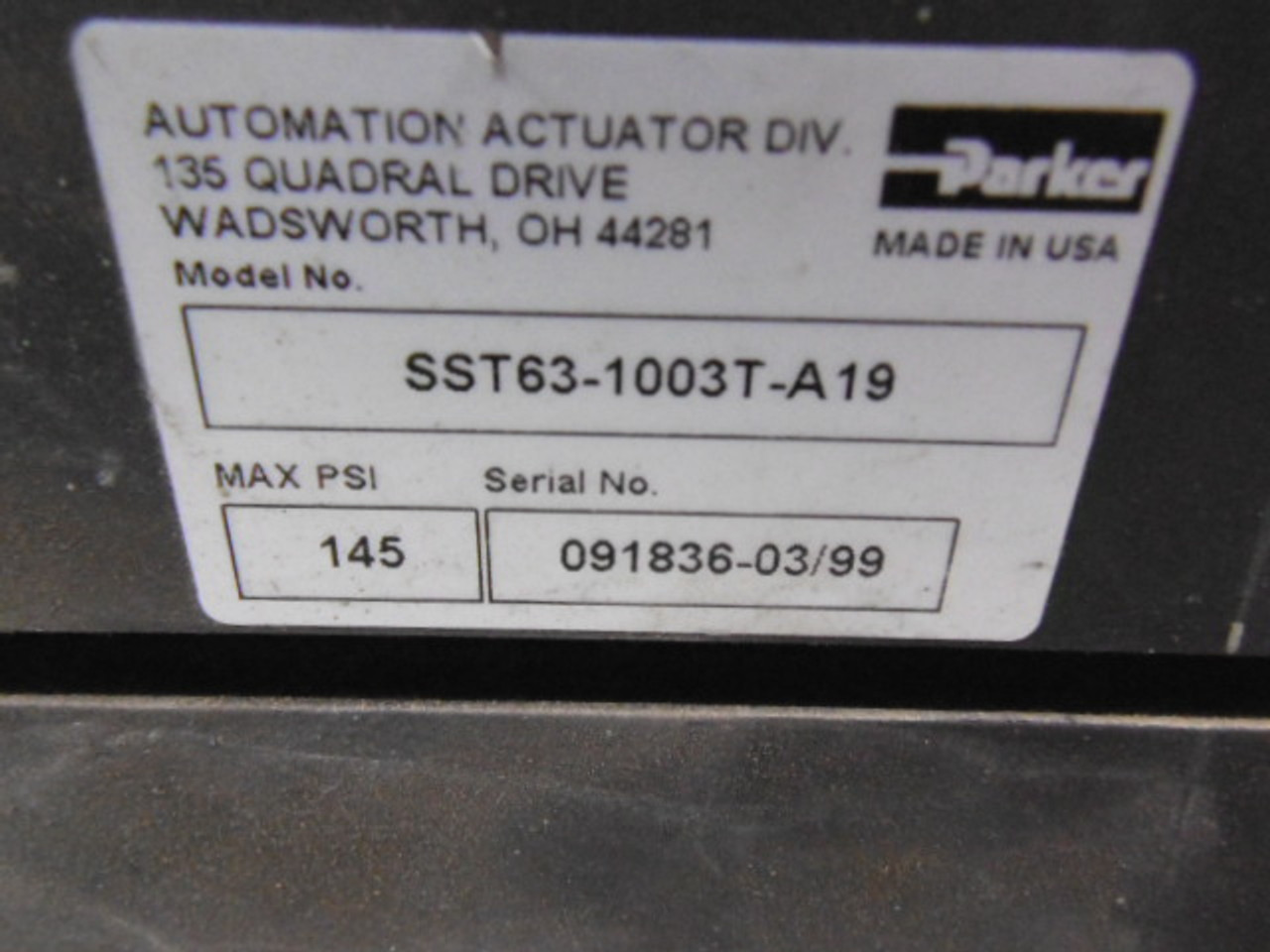 Parker SST63-1003T-A19 Pneumatic Cylinder 145psi USED