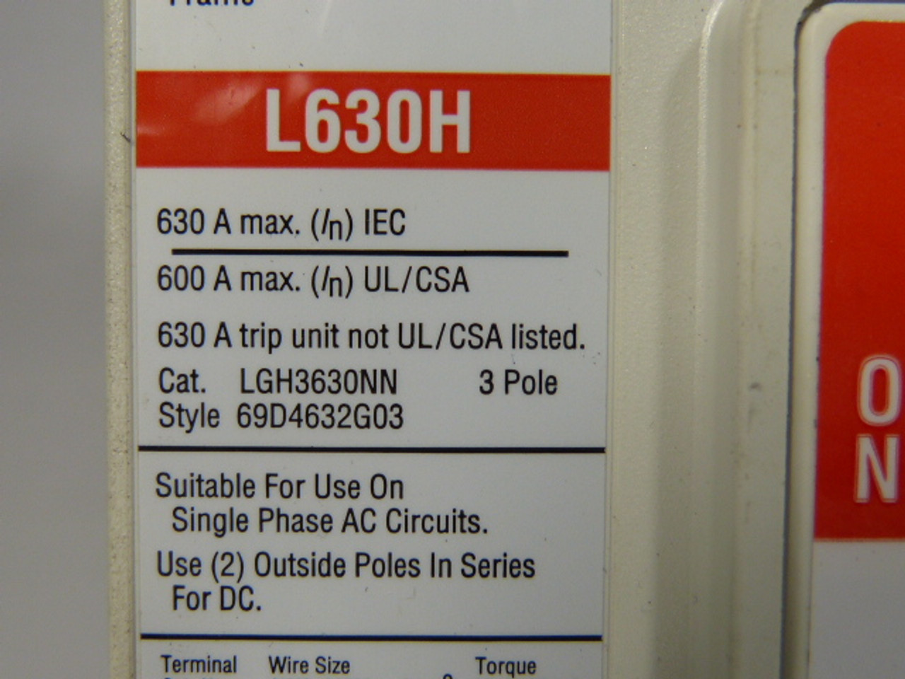 Cutler Hammer LGH3630NN LG High Interruption Circuit Breaker 3Pole 630A USED