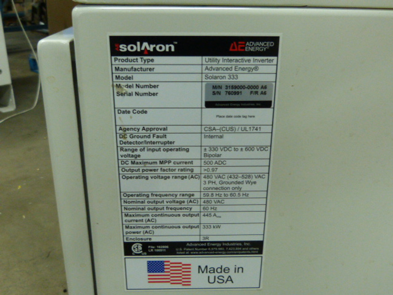 AdvancedEnergy 3159000-0000 Utility Interactive Inverter 333kW 480VAC USED