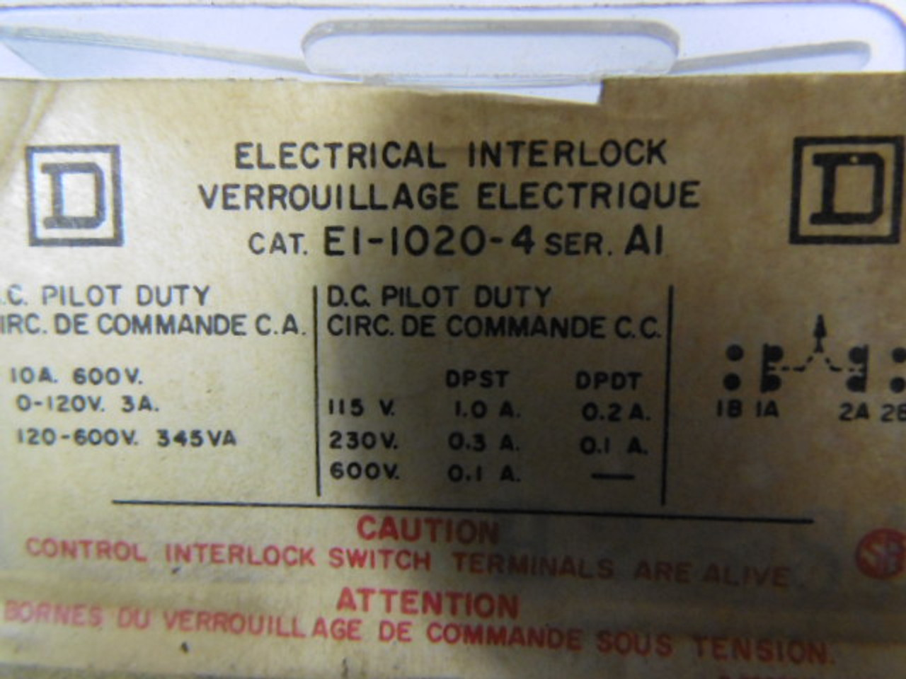 Square D EI-1020-4 Electrical Interlock ! NEW !