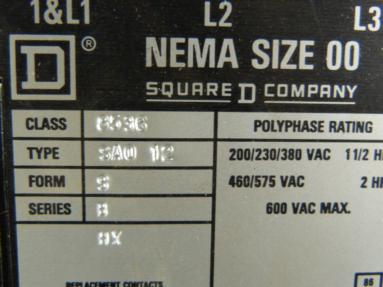 Square D 8536-SAO12-V02 Open Starter Sz00 110V 50Hz 120V 60Hz USED