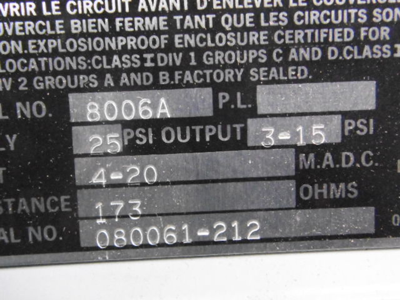 Masoneilan 8006A Electro-Pneumatic Transducer USED