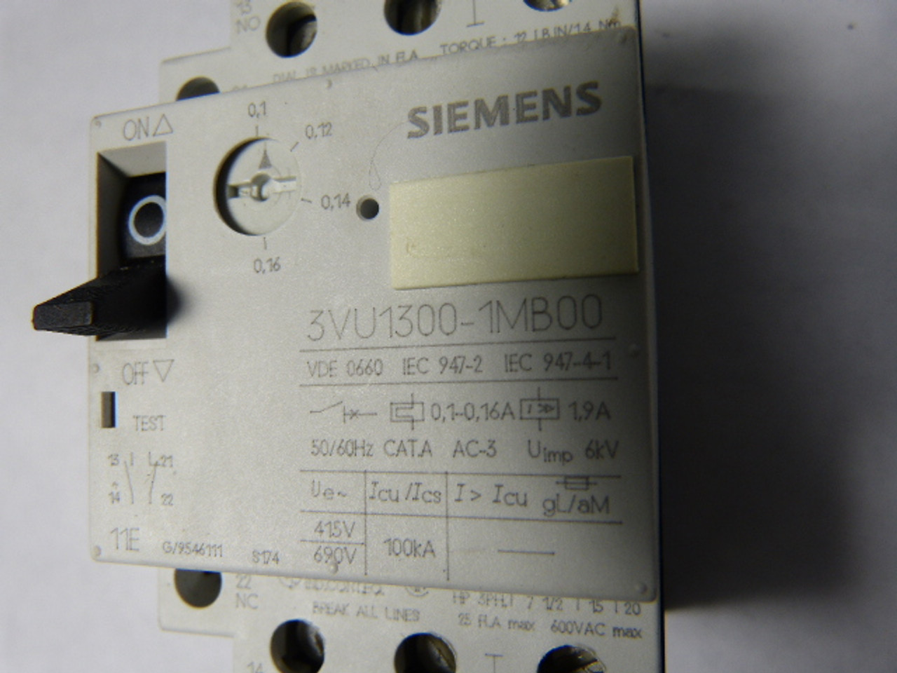 Siemens 3VU1300-1MB00 Starter Motor Protector 0.1-0.16Amp USED