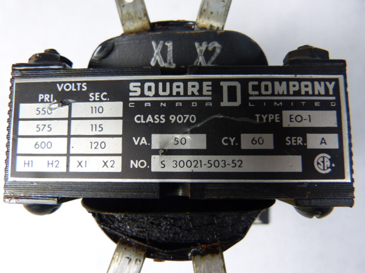 Square D S30021-503-52 Transformer Pri. 550/600V Sec. 110/120V 50Va USED