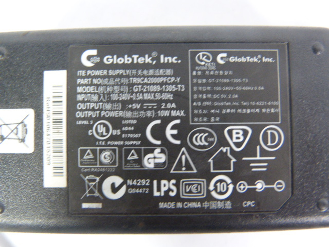 Globtek GT-21089-1305-T3 Power Supply AC Adapter 5V 2.6Amp USED