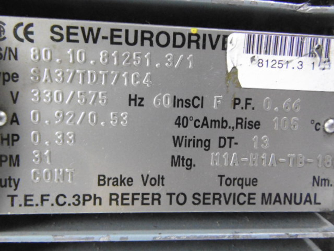 Sew-Eurodrive 0.33HP 31RPM 330/575V 71 TEFC 3Ph 0.92/0.53A 60Hz USED