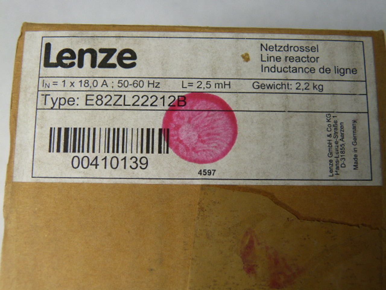 Lenze E82ZL22212B Line Reactor 1x18A 2.5mH 50-60Hz ! NEW !