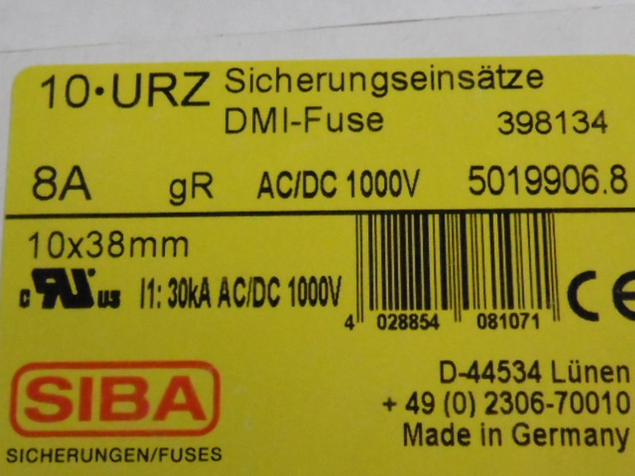 Siba 10-URZ/50-199-06 Fuse 8A 1000V Lot of 10 ! NEW !