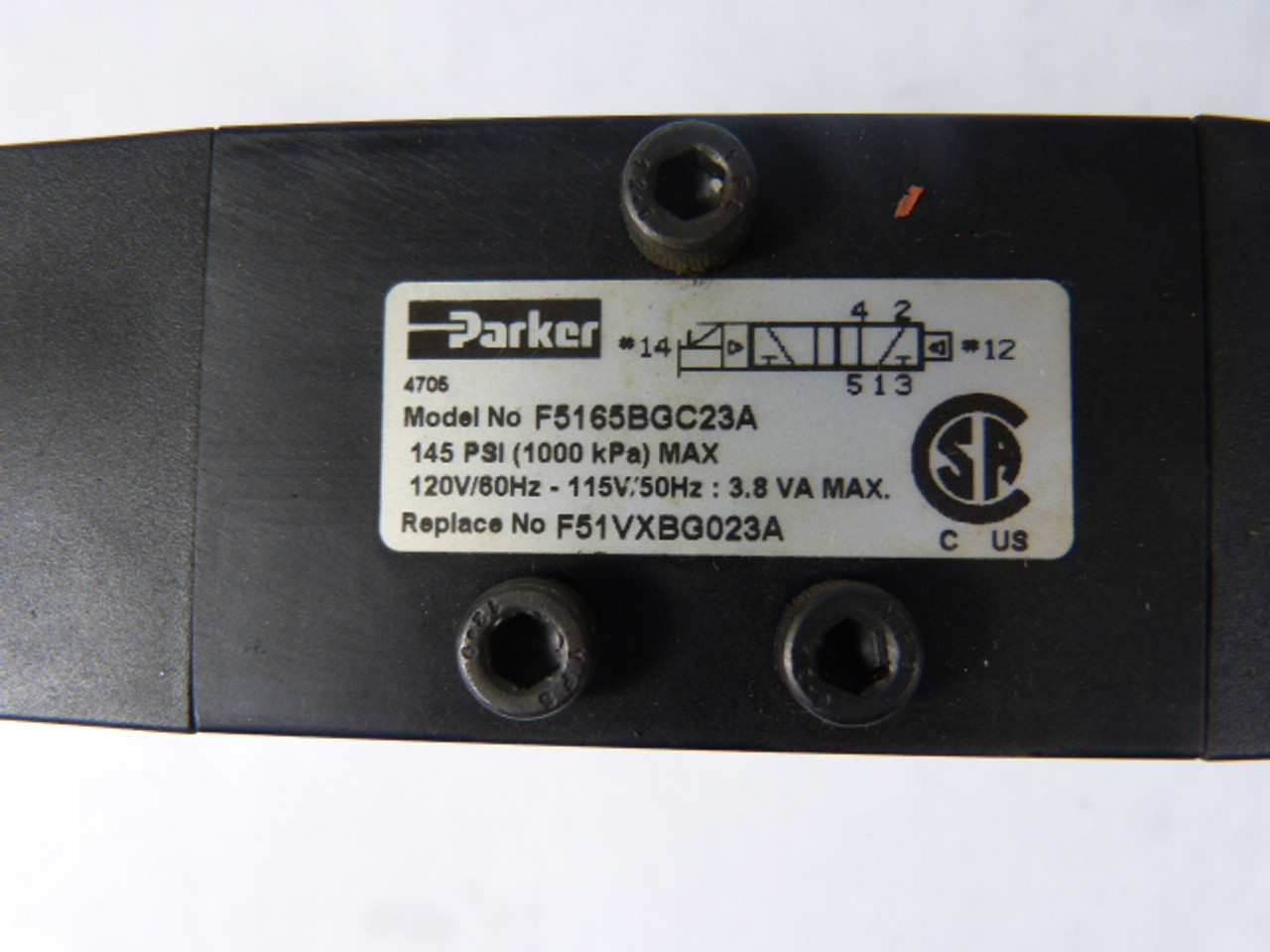 Parker F5165BGC23A Solenoid Valve 145psi 115/120V 2.4Va USED