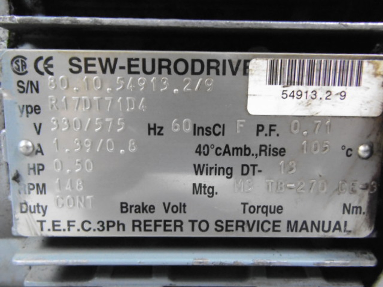 Sew-Eurodrive Gear Motor 0.5HP 148RPM 330/575V TEFC 1.39/0.8A 60Hz USED
