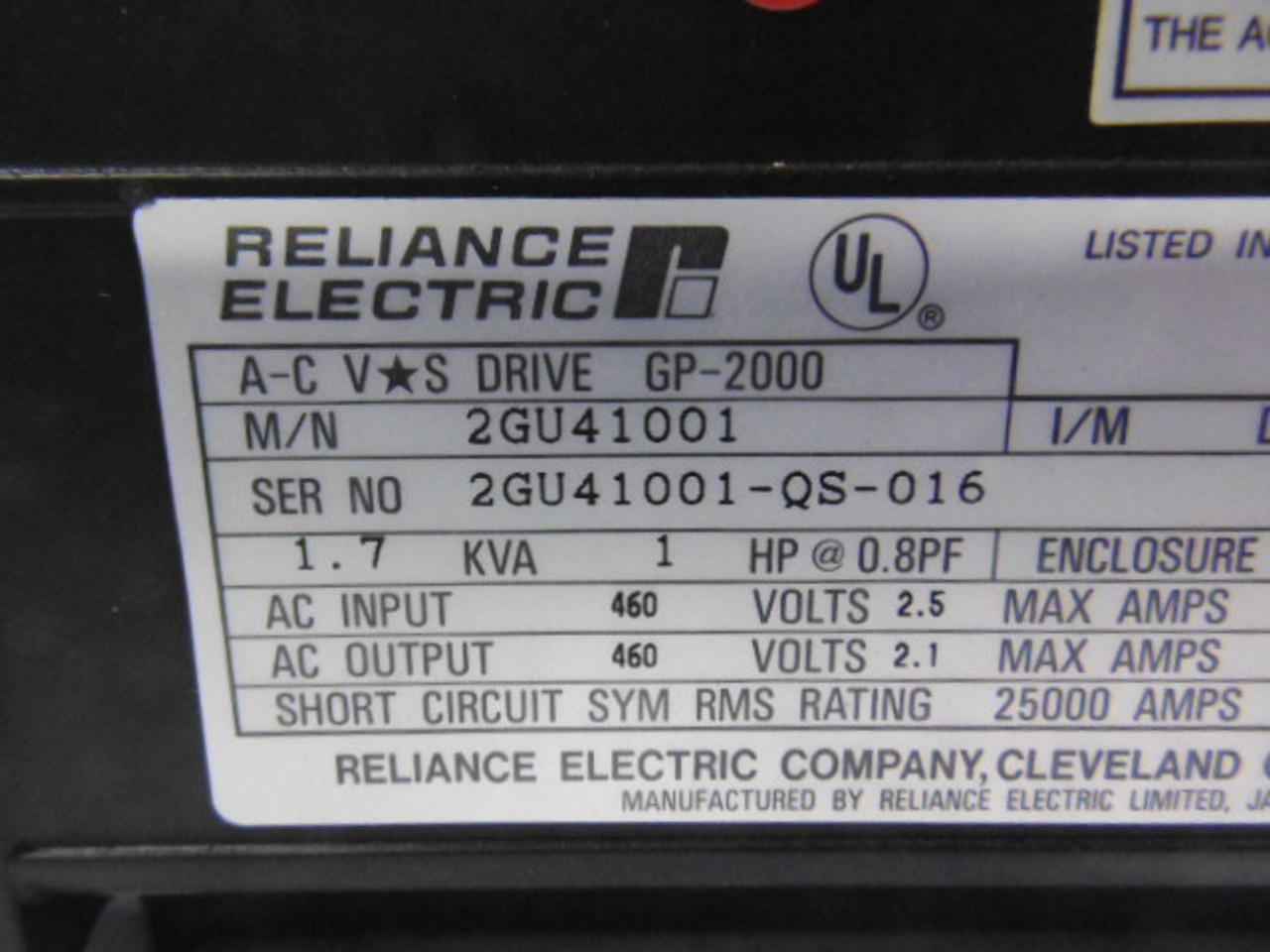 Reliance Electric 2GU41001 AC Drive 1HP 460VAC 2.1A No Cover ! AS IS !