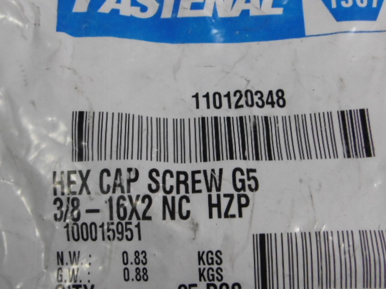 Fastenal 110120348 Hex Cap Screw 3/8"-16x2" 25-Pack  NWB