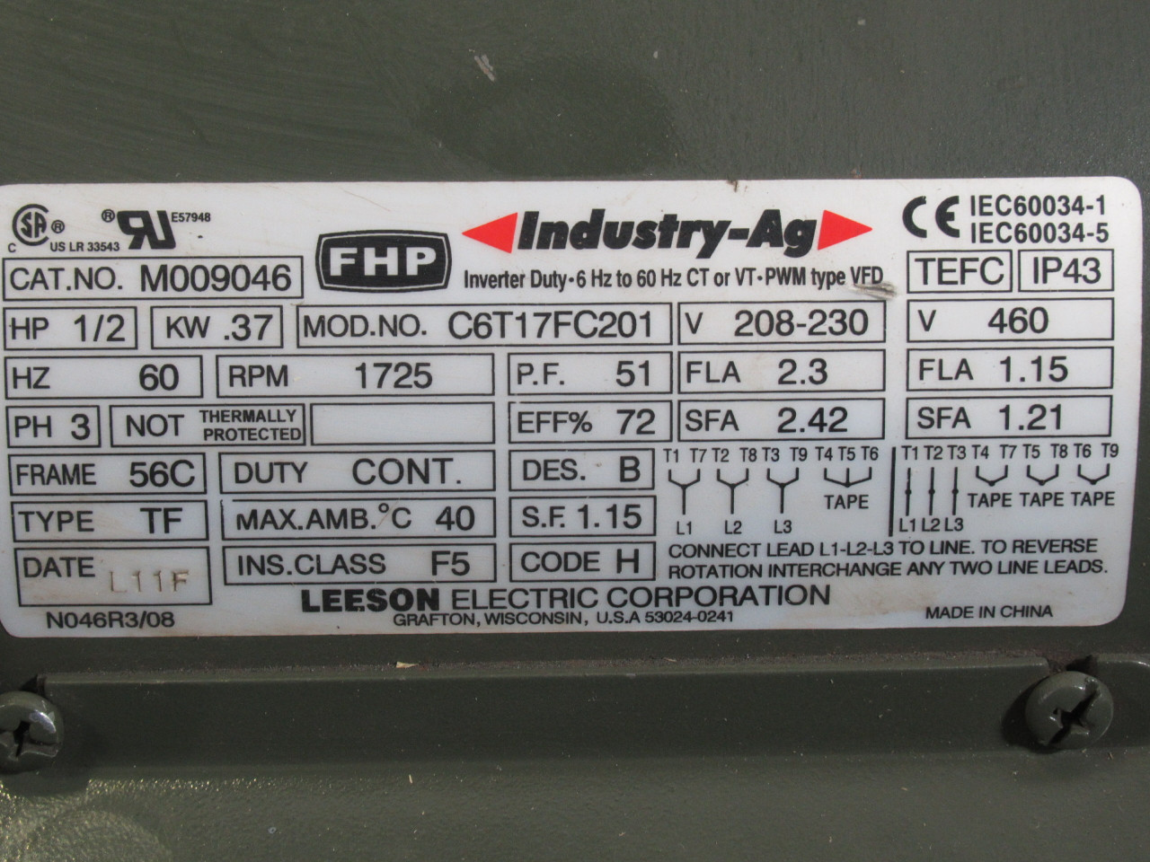 Leeson 1/2HP 1725RPM 208/230V 56C TEFC 3Ph 2.3A 60Hz USED