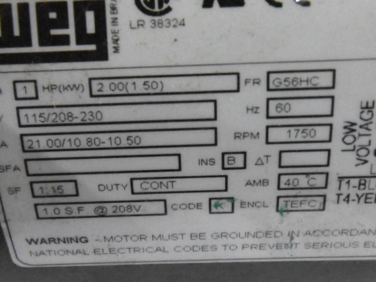 Weg 2HP 1750RPM 115/208-230V G56HC TEFC 1Ph 21/10.8-10.5A 60Hz USED