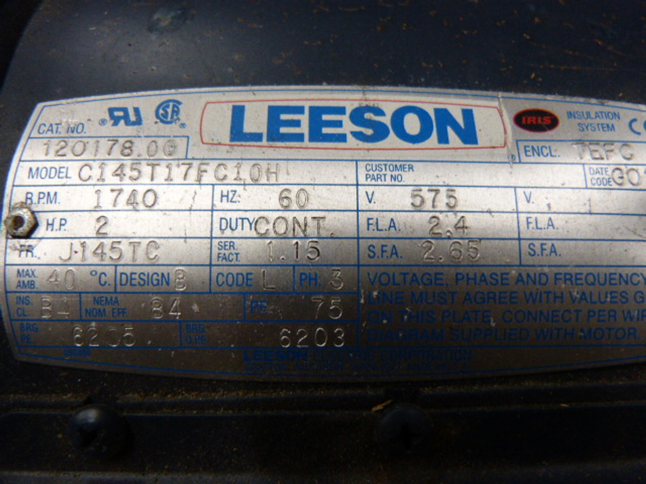 Leeson 2HP 1740RPM 575V J145TC TEFC 3Ph 2.4A 60Hz USED