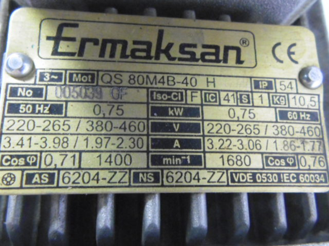 Ermaksan 0.75kW 1680RPM 220-265/380-460V TEFC 3Ph 3.22-3.06A 60Hz USED
