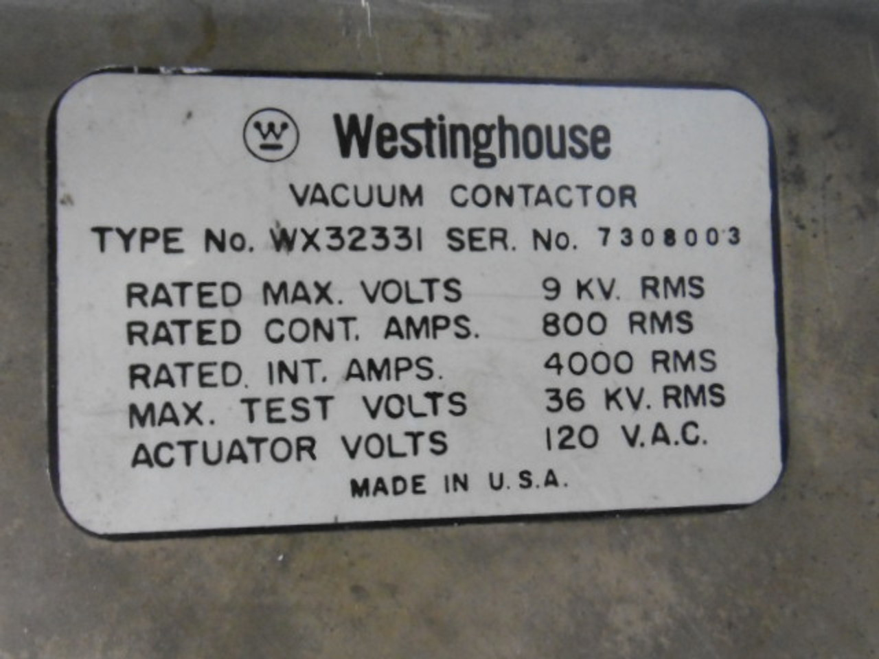 Westinghouse WX32331 Vacuum Contactor 9kV 800A 120VAC USED