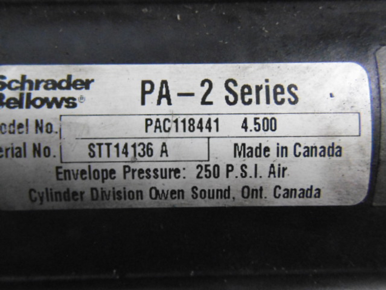 Schrader Bellows PAC118441 Heavy Duty Pneumatic Cylinder 1" 250psi USED