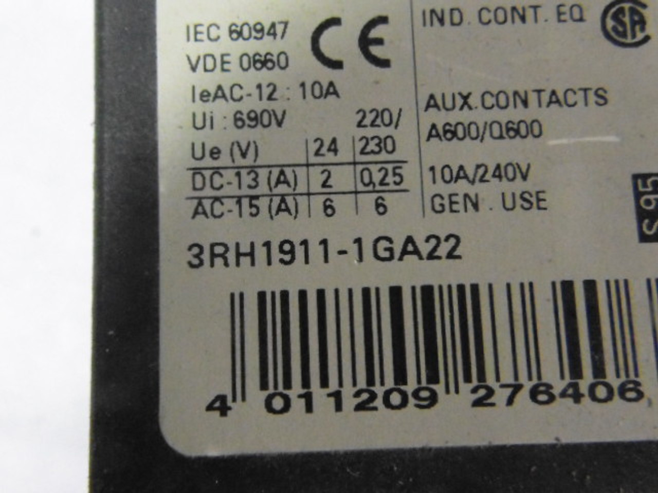 Siemens 3RH1911-1GA22 Auxiliary Contact Block 2NO/2NC 10A 240V USED