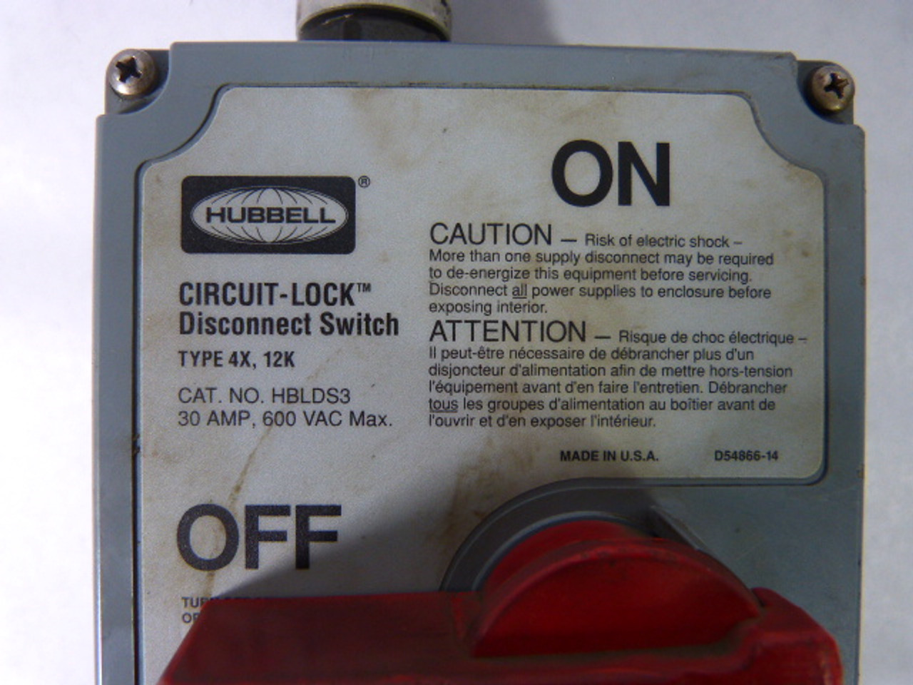 Hubbell HBLDS3 Circuit-Lock Disconnect Switch 30amp ! AS IS !