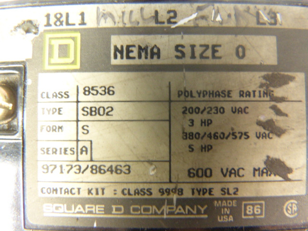 Square D 8536-SBO2-V01 Starter 3 Phase 3 Pole 110/120V Coil USED