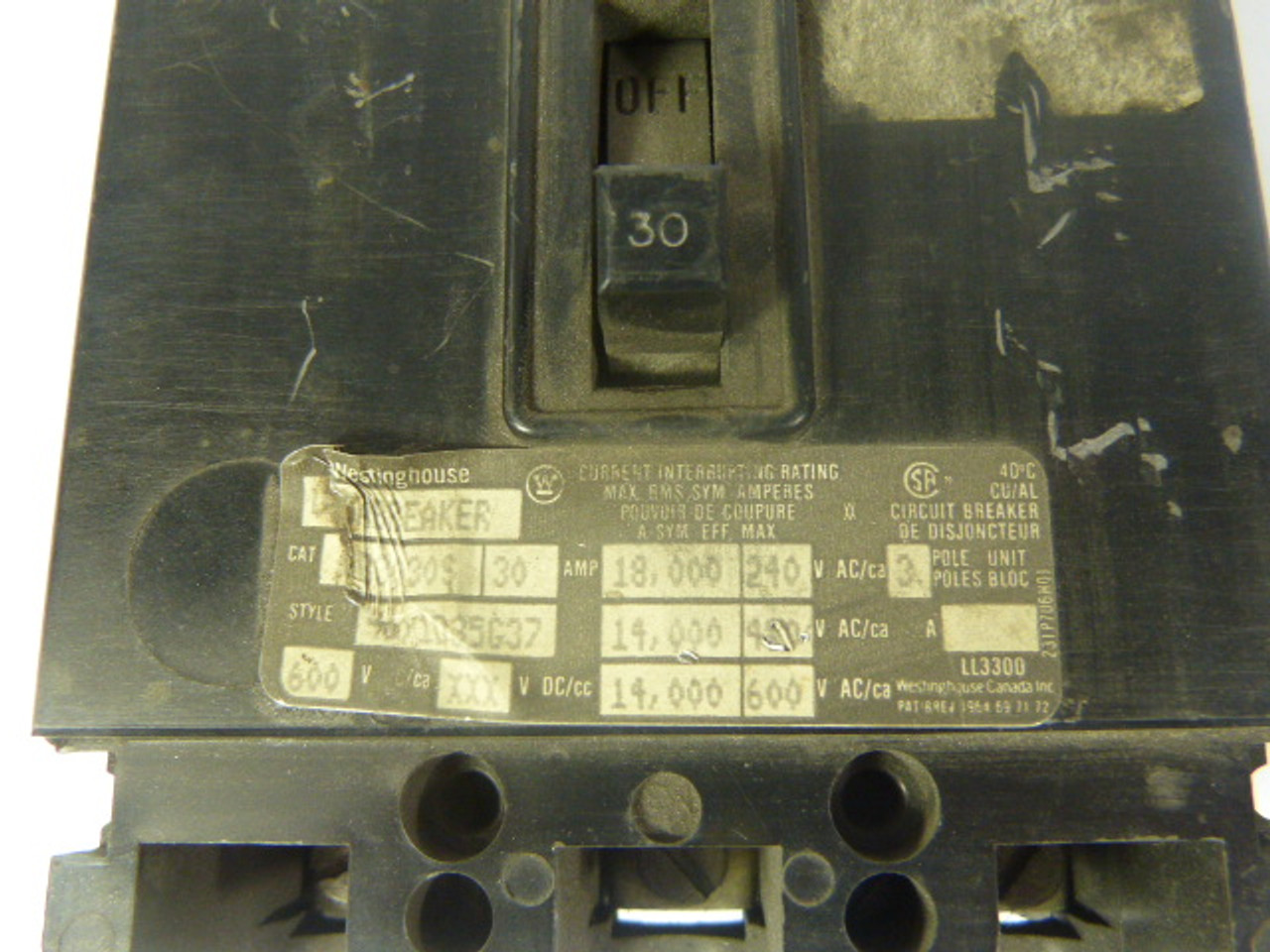 Westinghouse Circuit Breaker 3 Pole 30Amp 600V USED