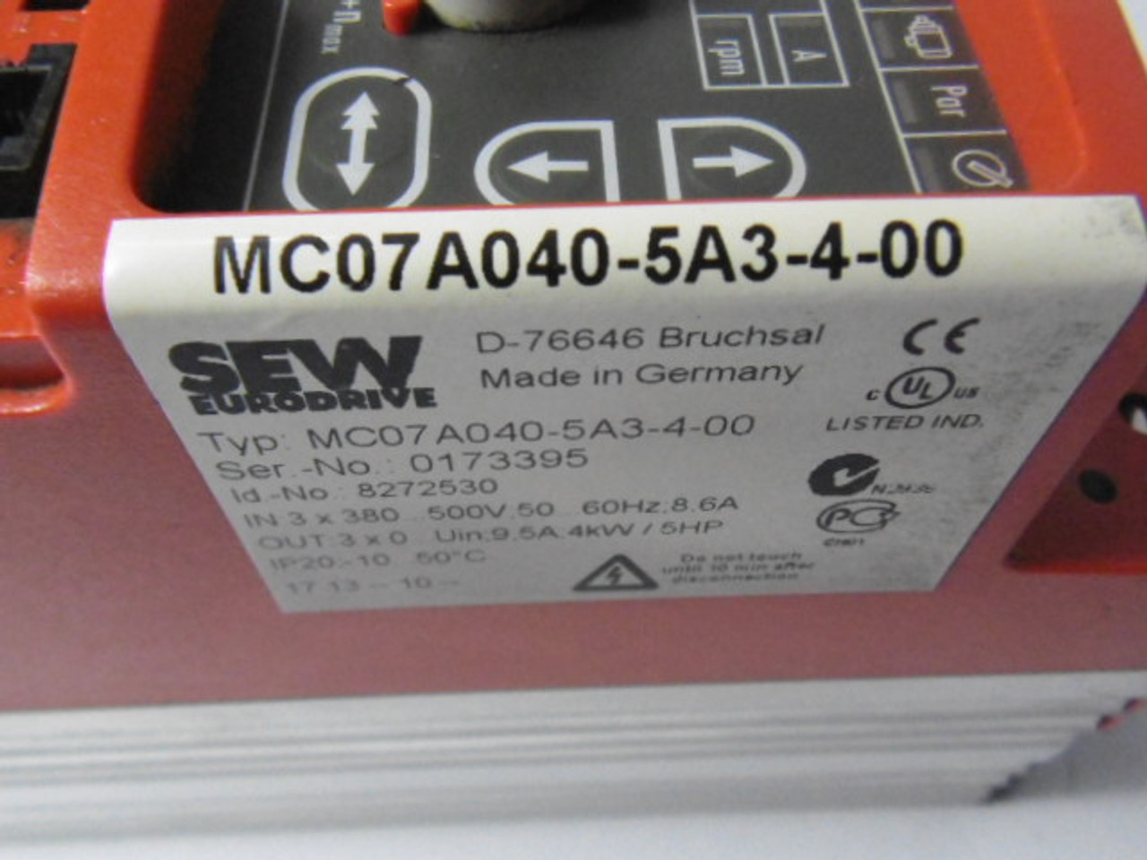 Sew-Eurodrive MC07A040-5A3-4-00 AC Drive Input 380-500V 50/60Hz 8.6A USED